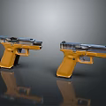 Two Modern Pistols With Yellow Grips And Silver Frames On Black Reflective Surface 3d model