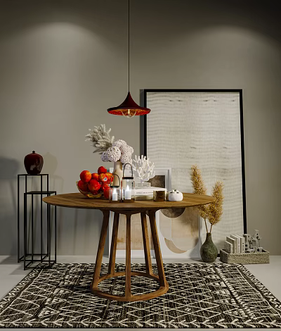 Modern Decorative Ornament Combination Featuring Round Wooden Table Red Apples Flowers Coral And Wall Art 3d model