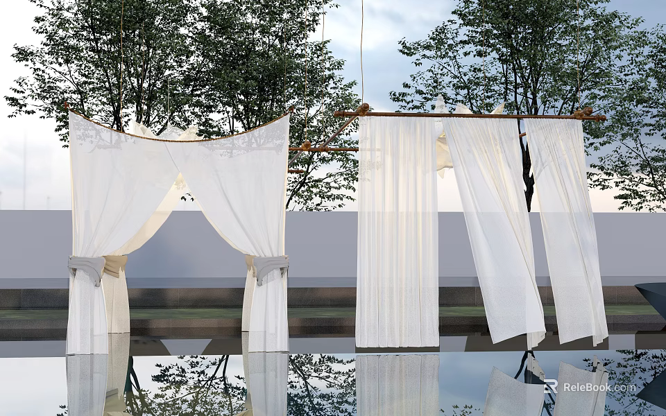 Elegant White Outdoor Curtains With Tree View And Water Reflection 3d model 