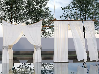 Elegant White Outdoor Curtains With Tree View And Water Reflection 3d model