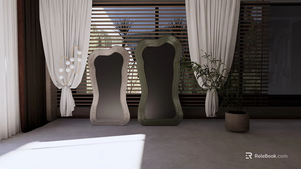 Two Stylish Mirrors With Decorative Frames In Room With Window Blinds Curtains And Potted Plant 3d model 