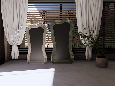 Two Stylish Mirrors With Decorative Frames In Room With Window Blinds Curtains And Potted Plant 3d model