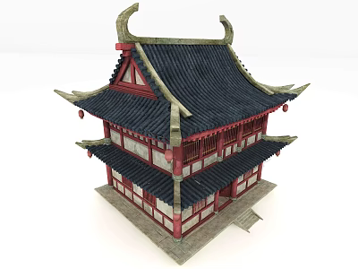 Cartoon Style Traditional Chinese Two Story Building With Black Tiled Roof And Red Windows 3d model