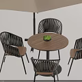 Outdoor Round Wooden Top Table with Wicker Chairs Beige Umbrella Black Frame