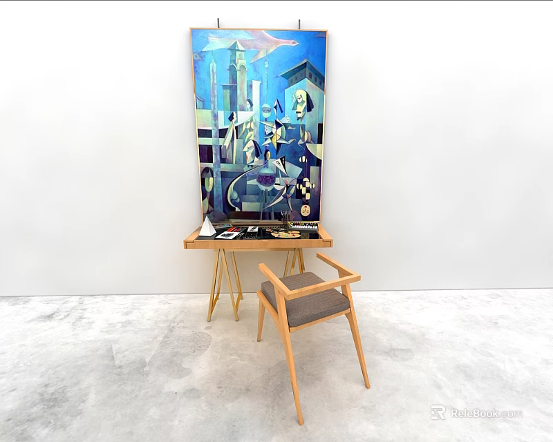 Wooden Desk with Colorful Abstract Painting and Gray Cushioned Chair in Minimalist Room 3d model 