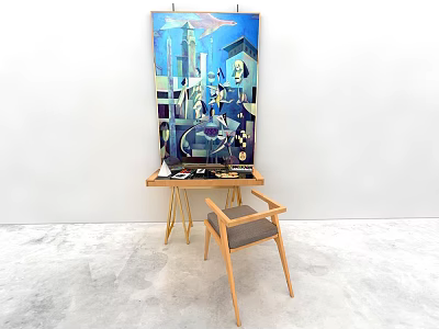 Wooden Desk with Colorful Abstract Painting and Gray Cushioned Chair in Minimalist Room 3d model