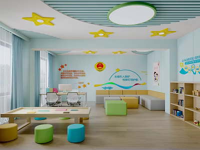 Children's Activity Room With Yellow Star Ceiling Green Border Light Blue Walls And Colorful Furniture 3d model