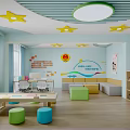 Children's Activity Room With Yellow Star Ceiling Green Border Light Blue Walls And Colorful Furniture