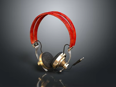 Premium Computer Headphones With Red Leather Headband Golden Ear Cups Metal Components And Microphone 3d model