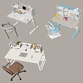 Modern White Blue Desk Design With Bookshelf And Matching Chairs