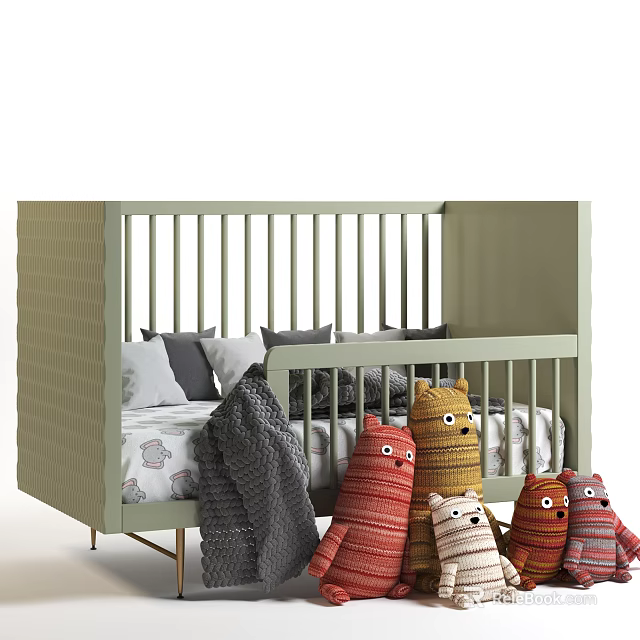 Green Kids Bed with Gray and White Pillows Gray Blanket and Colorful Stuffed Toys Beside 3d model 