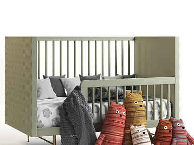 Green Kids Bed with Gray and White Pillows Gray Blanket and Colorful Stuffed Toys Beside 3d model