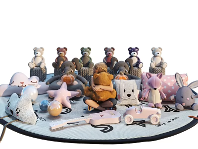 Colorful Stuffed Toys With Teddy Bears Rabbit Plush And Star Shaped Dolls On Round Mat 3d model