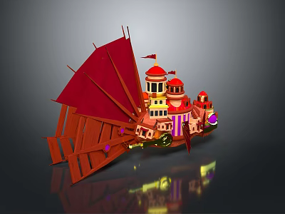 Ornate Castle Style Water Transport with Red Sails Colorful Towers and Shiny Reflection 3d model