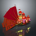 Ornate Castle Style Water Transport with Red Sails Colorful Towers and Shiny Reflection