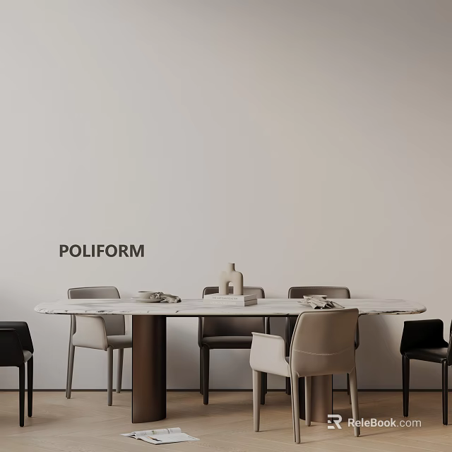 POLIFORM Round Marble Dining Table Set With Gray Black Chairs Vase Tableware On White Wall 3d model