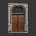 Traditional Entrance Gate With Red Brick Frame Arched Top And Wooden Double Doors Decorative Metal Fittings