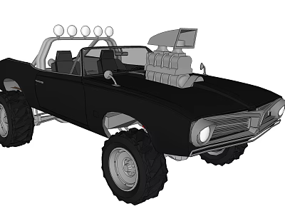 Black Off Road Modified Car With Large Tires Roof Lights And Open Top Design 3d model