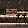 Basement Bar Interior With Starlit Ceiling Stone Counter And Stools 3d model