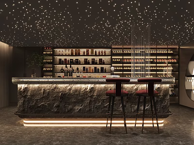 Basement Bar Interior With Starlit Ceiling Stone Counter And Stools 3d model