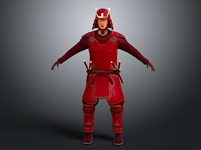 Red Samurai Armor With Gold Accents And Horned Helmet In Standing Pose 3d model