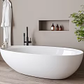 White Oval Bathtub with Black Faucet Niche Bottles White Robe Green Plant on Wooden Floor