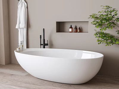 White Oval Bathtub with Black Faucet Niche Bottles White Robe Green Plant on Wooden Floor 3d model