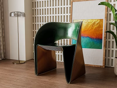 Modern Green Accent Chair With Curved Backrest By Lattice Screen Abstract Painting On Wooden Floor 3d model