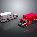 Red and White Ambulance and Fire Truck with Emergency Gear and Medical Symbols