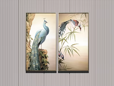 Elegant Animal Paintings With Peacock On Tree And Birds By Bamboo In Natural Scene 3d model