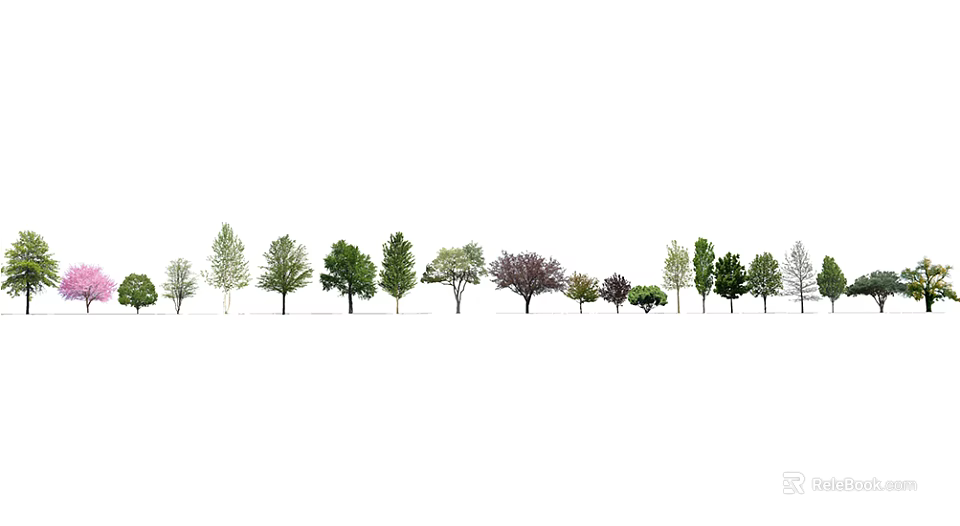 Various Arbor Trees With Different Foliage And Heights In Landscape 3d model