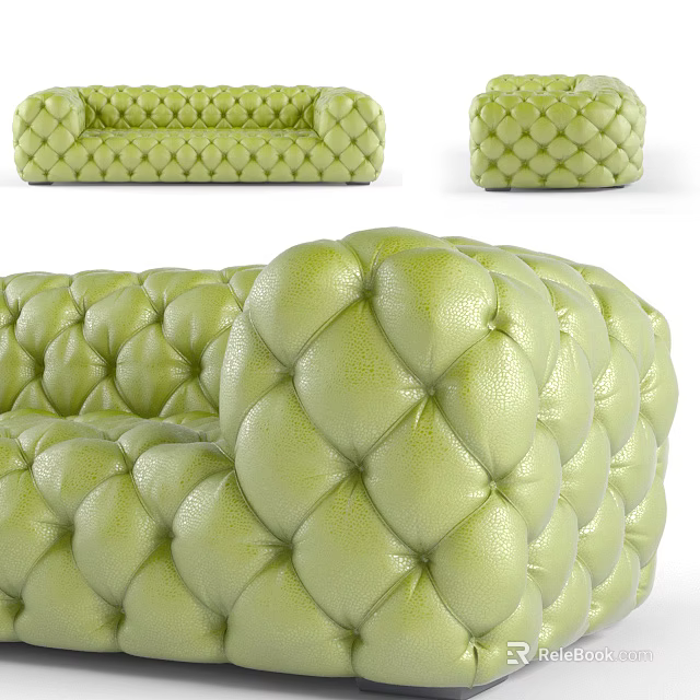 Green Leather Two Seater Sofa With Diamond Tufted Design And Modern Style 3d model 