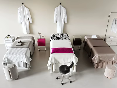 Spa Treatment Room With Three Massage Tables White Robes And Colored Bed Sheets 3d model