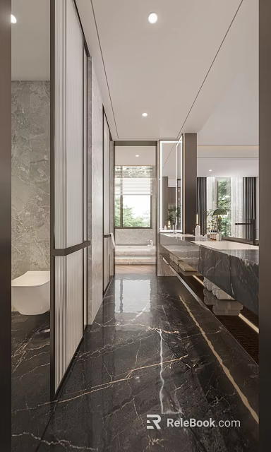 Modern Bathroom Interior Design With Marble Walls Double Vanity And Bathtub 3d model 