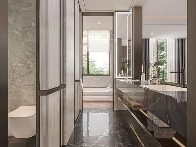 Modern Bathroom Interior Design With Marble Walls Double Vanity And Bathtub 3d model