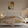 Elegant Cream White Upholstered Double Bed With Soft Bedding For Warm Cozy Aesthetic Bedroom Interior