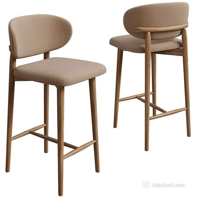 Modern Bar Stools With Light Beige Fabric Seat And Curved Wooden Legs 3d model 