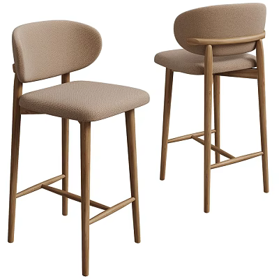 Modern Bar Stools With Light Beige Fabric Seat And Curved Wooden Legs 3d model