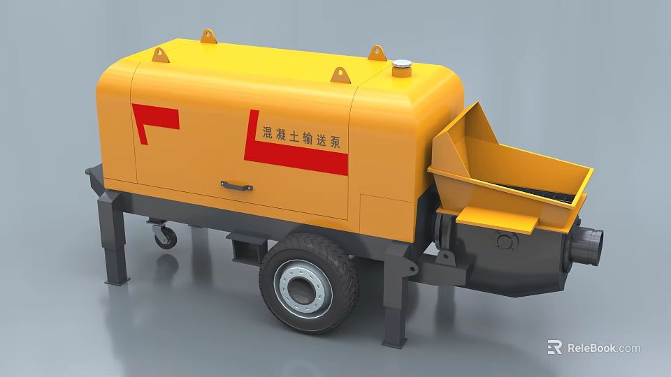 Industrial Yellow Concrete Delivery Pump With Mobile Wheels And Red Logo 3d model 