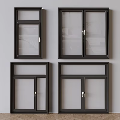 Modern Casement Windows with Black Frames Clear Glass and Single Double Panel Design 3d model
