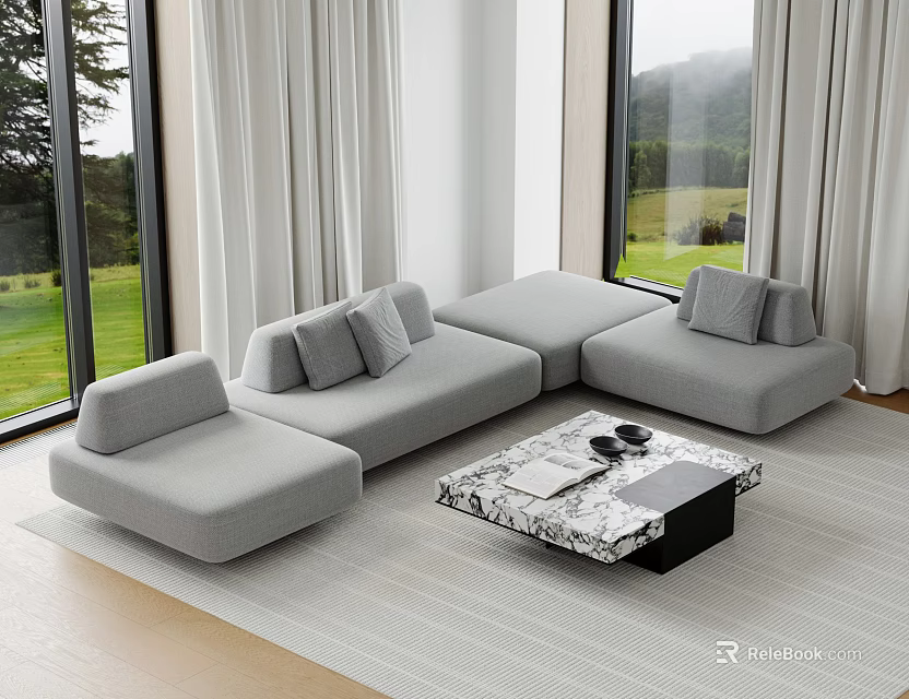 Modern Gray Sofa and Coffee Table Set with Marble Top and Floor-to-Ceiling Windows Natural View 3d model 