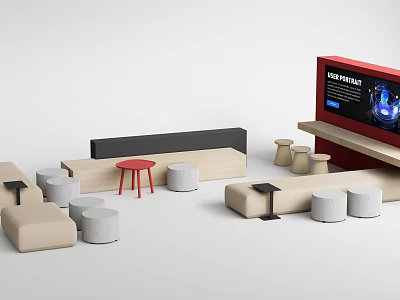 Casual Modular Sofa Set Interior With Beige Fabric Seats And Round Stools 3d model