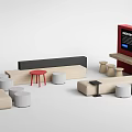 Casual Modular Sofa Set Interior With Beige Fabric Seats And Round Stools