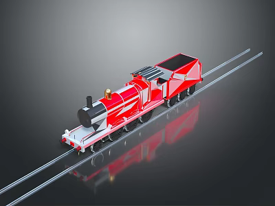 Red Steam Train On Rail Tracks With Reflection 3d model Red Steam Train On Rail Tracks With Reflection 3d model