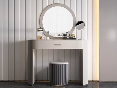 Stylish Vanity Table With Round Mirror And Stool Against Vertical Striped Wall 3d model