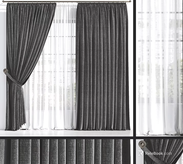 Elegant Gray Curtains With Sheer White Layers And Tie Back Design For Home Windows 3d model 