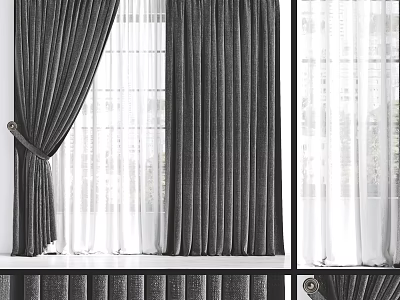 Elegant Gray Curtains With Sheer White Layers And Tie Back Design For Home Windows 3d model