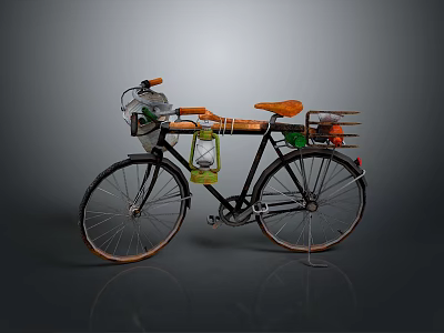 Vintage Bicycle With Front Woven Basket Brown Leather Seat And Rear Rack 3d model