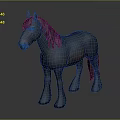 A Brown And Black Horse With Purple Decorated Mane Standing On Gray Background