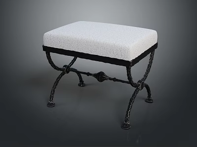 White Cushioned Stool With Black Wrought Iron Frame And Decorative Legs 3d model